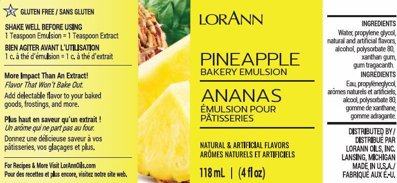 Product label for LorAnn Oils Pineapple Bakery Emulsion, gluten-free, and aimed at adding pineapple flavor to desserts and frostings. The label is bilingual, lists ingredients such as propylene glycol and natural flavor, and promotes a strong, non-fading flavor. It comes in a 118 ml or 4 fl oz container.