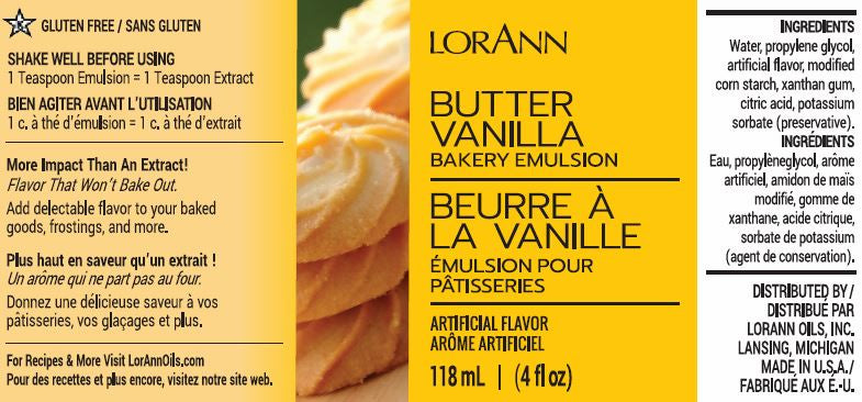 Label for LorAnn Oils Butter Vanilla Bakery Emulsion. This product is gluten-free and intended to impart a buttery vanilla flavor that doesn’t fade when baked. The label shows a 118 ml or 4 fl oz size, lists artificial flavors in the ingredients, and offers the LorAnnOils.com website for recipes.