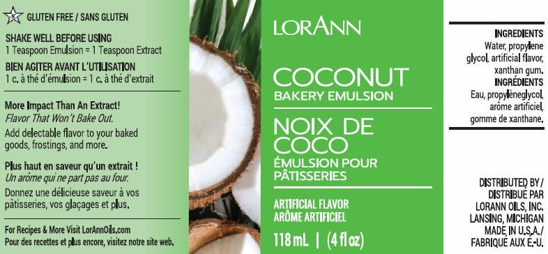 Photo of LorAnn Oils Coconut Bakery Emulsion label, promoting a gluten-free coconut flavor for baking. The product claims a robust flavor profile that withstands baking temperatures. Ingredients and directions are bilingual, with a product volume of 118 ml or 4 fl oz, distributed by LorAnn Oils, Inc.