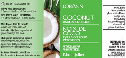 Photo of LorAnn Oils Coconut Bakery Emulsion label, promoting a gluten-free coconut flavor for baking. The product claims a robust flavor profile that withstands baking temperatures. Ingredients and directions are bilingual, with a product volume of 118 ml or 4 fl oz, distributed by LorAnn Oils, Inc.