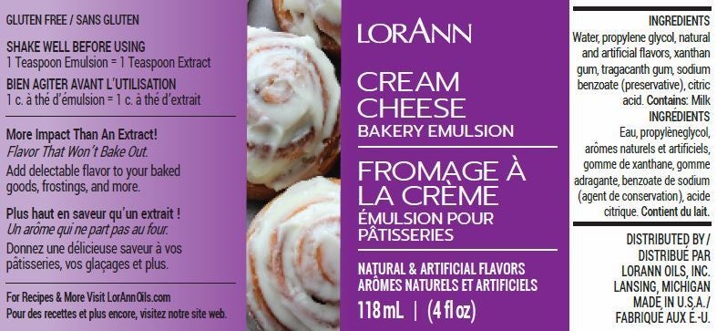 Product label for LorAnn Oils Cream Cheese Bakery Emulsion. Gluten-free, with a claim to offer a rich cream cheese flavor for baked goods, it lists ingredients including water, propylene glycol, and natural flavors. The label is bilingual, stating the bottle contains 118 ml or 4 fl oz and is distributed by LorAnn Oils, Inc.