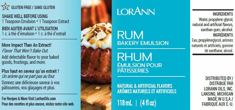 Label visual for LorAnn Oils Rum Bakery Emulsion, a gluten-free baking additive promising to infuse a rum flavor without alcohol content. Includes a list of ingredients and a suggestion of adding to various desserts for enhanced taste. The label is bilingual and specifies a quantity of 118 ml or 4 fl oz.