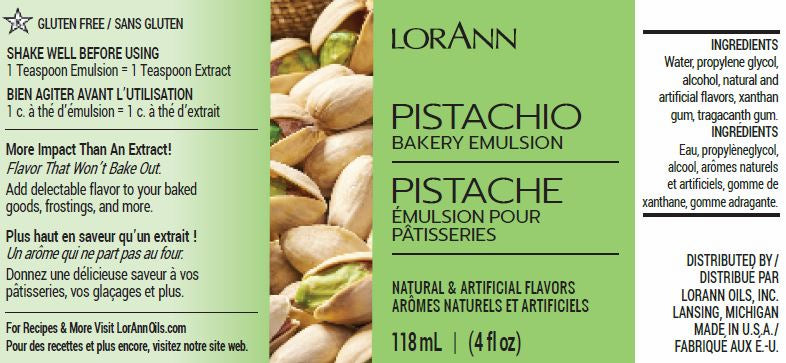 Label of LorAnn Oils Pistachio Bakery Emulsion. The gluten-free product claims to provide a more impactful flavor than extracts, specifically for adding a pistachio taste to baked goods. Ingredients, nutritional information, and additional recipes are listed on the label, which is bilingual. The bottle size is 118 ml or 4 fl oz.