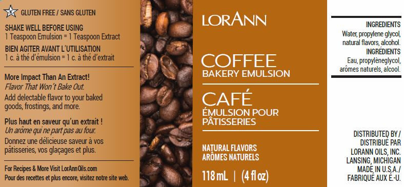 Image of LorAnn Oils Coffee Bakery Emulsion label, displaying a gluten-free badge. It is marketed for adding robust coffee flavor to baked goods and frostings. Ingredients listed include water and propylene glycol among others. Presented in both English and French on a 118 ml (4 fl oz) bottle, with instructions to visit LorAnnOils.com for recipes.