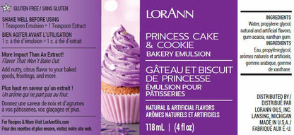 Image of a LorAnn Oils Princess Cake & Cookie Bakery Emulsion label featuring gluten-free certification. The label promises a nutty, citrus flavor for a variety of desserts and displays a whimsical cupcake to reflect the intended use. Ingredients and branding information are provided on a dual-language label. The bottle size is 118 ml or 4 fl oz.