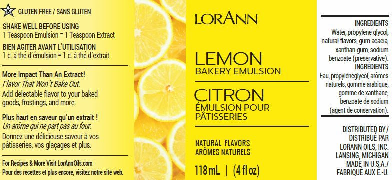 LorAnn Oils Lemon Bakery Emulsion label displaying a vibrant lemon background. This gluten-free flavoring promises a citrusy lemon taste that won’t fade during baking. The label lists ingredients, including natural flavors, and instructs users to shake well before using. Size is listed at 118 ml or 4 fl oz.