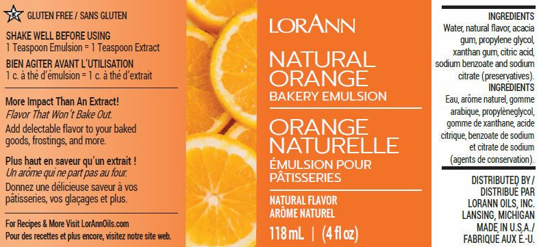 Image of a LorAnn Oils Natural Orange Bakery Emulsion label. The product is gluten-free and intended to provide a natural orange flavor to baking and frosting applications. Label details include ingredients and the statement that one teaspoon emulsion equals one teaspoon extract. Bottle volume is 118 ml or 4 fl oz.
