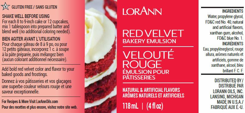 Product label for LorAnn Oils Red Velvet Bakery Emulsion. This gluten-free emulsion is designed to add the classic red velvet color and flavor to cakes and frostings, with no additional coloring needed. It lists water and natural flavors as ingredients on a bilingual label. The volume is 118 ml or 4 fl oz.