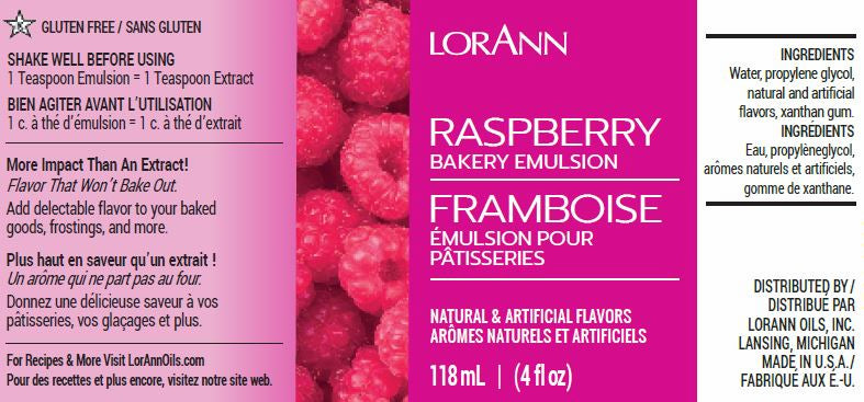LorAnn Oils Raspberry Bakery Emulsion label depicting the product as gluten-free, ideal for adding a berry flavor to pastries. The label is colorful with images of raspberries, offering both English and French descriptions. Ingredients include natural and artificial flavors. It’s packaged in a 118 ml or 4 fl oz container.