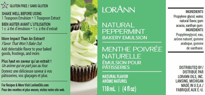 Visual depiction of LorAnn Oils Natural Peppermint Bakery Emulsion label. It features a gluten-free tag and suggests a high flavor potency compared to extracts. Ingredients and the brand's website for recipes are provided, with packaging available in both English and French. Contains 118 ml or 4 fl oz.