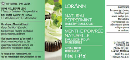 Visual depiction of LorAnn Oils Natural Peppermint Bakery Emulsion label. It features a gluten-free tag and suggests a high flavor potency compared to extracts. Ingredients and the brand's website for recipes are provided, with packaging available in both English and French. Contains 118 ml or 4 fl oz.