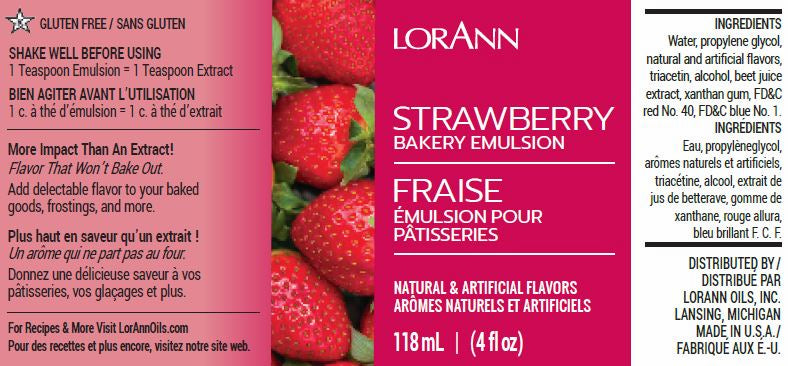 Image of the label for LorAnn Oils Strawberry Bakery Emulsion. The product is gluten-free, intended for adding strawberry flavor to baked goods. The label, in both English and French, lists ingredients such as propylene glycol and natural and artificial flavors. The size of the bottle is 118 ml or 4 fl oz.