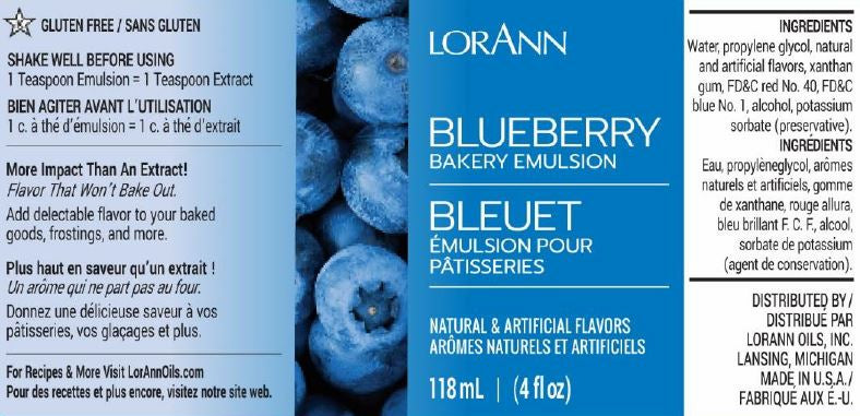 Visual of LorAnn Oils Blueberry Bakery Emulsion label highlighting its gluten-free status and the capability to retain flavor through baking. The 118 ml or 4 fl oz bottle lists natural and artificial ingredients, and it features recipes and further information at LorAnnOils.com. Packaging has a vibrant blueberry background.