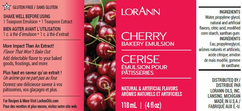 Image showing LorAnn Oils Cherry Bakery Emulsion bottle label with a gluten-free claim. Designed to keep cherry flavor intact even after baking, with a balance of natural and artificial ingredients. Provides bilingual information and measures 118 ml or 4 fl oz. Made by LorAnn Oils, Inc.