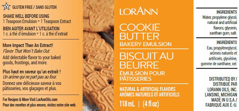 Visual of LorAnn Oils Cookie Butter Bakery Emulsion bottle label, indicating it's gluten-free. It suggests the product is stronger than traditional extracts, perfect for enhancing the taste of cookies and pastries. Ingredients and directions are provided in English and French. Volume indicated as 118 ml or 4 fl oz, made in the USA.