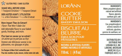 Visual of LorAnn Oils Cookie Butter Bakery Emulsion bottle label, indicating it's gluten-free. It suggests the product is stronger than traditional extracts, perfect for enhancing the taste of cookies and pastries. Ingredients and directions are provided in English and French. Volume indicated as 118 ml or 4 fl oz, made in the USA.