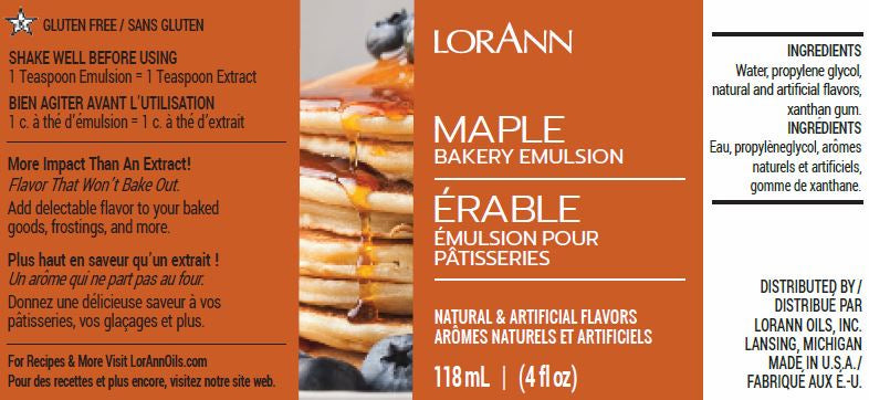 Packaging label for LorAnn Oils Maple Bakery Emulsion, highlighting its gluten-free attribute and maple flavor for baked goods. The label is in both English and French and includes a website for more recipes. Ingredients include water and propylene glycol. The product is in a 118 ml or 4 fl oz bottle.