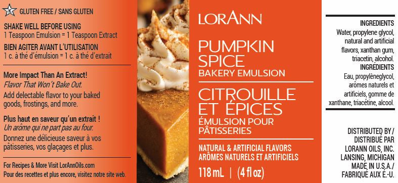 Label display of LorAnn Oils Pumpkin Spice Bakery Emulsion, touting a gluten-free attribute and designed to impart a rich, seasonal spice blend into baked goods. Presented in English and French, the label lists ingredients including water and propylene glycol. The product comes in a 118 ml or 4 fl oz bottle.