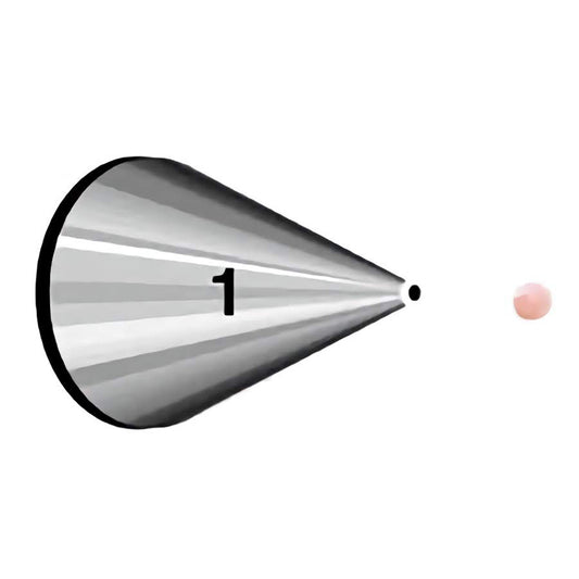Close-up of piping tip number 1 with a small round opening, demonstrating a small dot of pink icing.