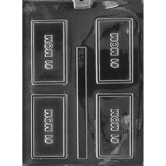 Clear plastic chocolate mold with four rectangular cavities, each embossed with the message “#1 MOM.”