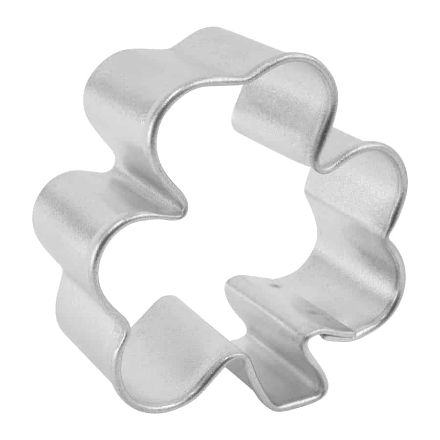 Side view of the mini shamrock cookie cutter, showcasing its sturdy construction and precise edges.