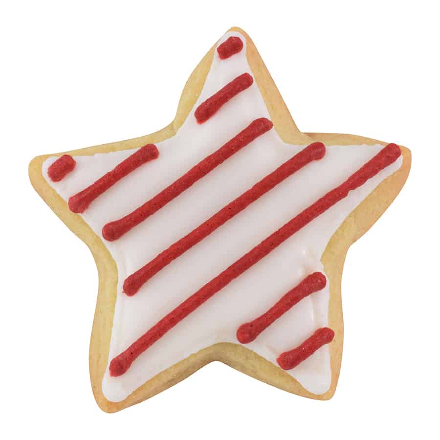 Mini star cookie decorated with white icing and red stripes, showcasing a festive design.