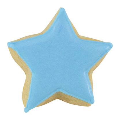 Mini star cookie decorated with blue icing, made using the 1.5-inch cookie cutter.