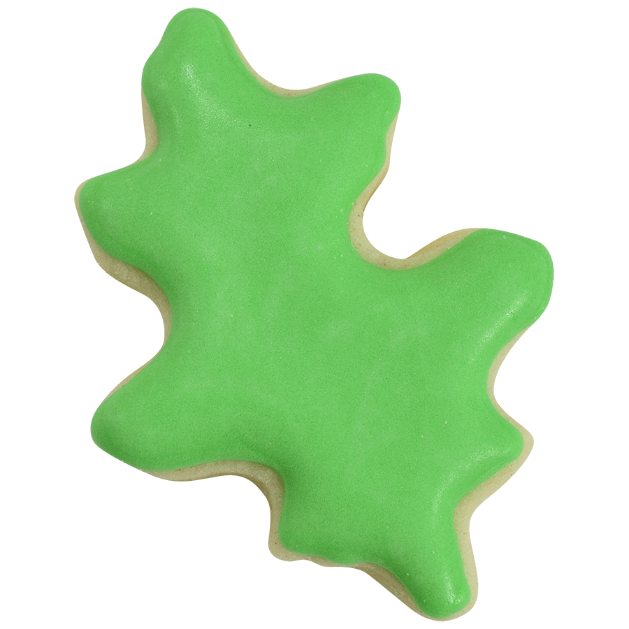 Bright green oak leaf cookie with a smooth icing finish, made using the mini oak leaf cookie cutter.