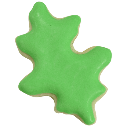 Bright green oak leaf cookie with a smooth icing finish, made using the mini oak leaf cookie cutter.