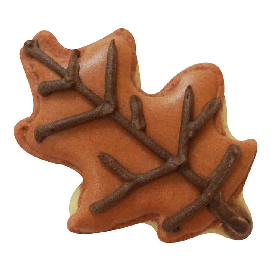 Decorated oak leaf cookie with a brown base and intricate branch-like icing details.