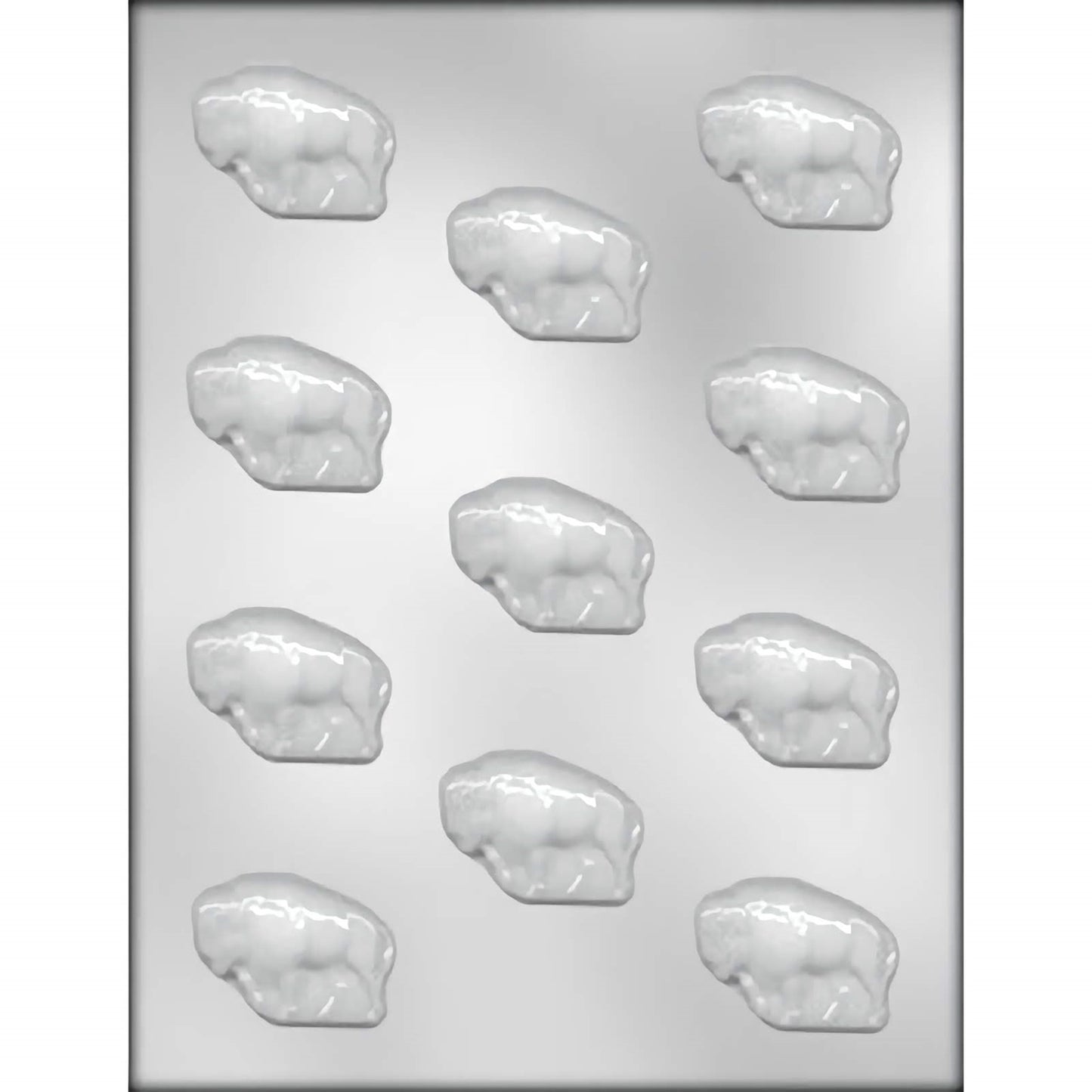 Clear chocolate mold with multiple buffalo shapes, 1.75 inches in size.