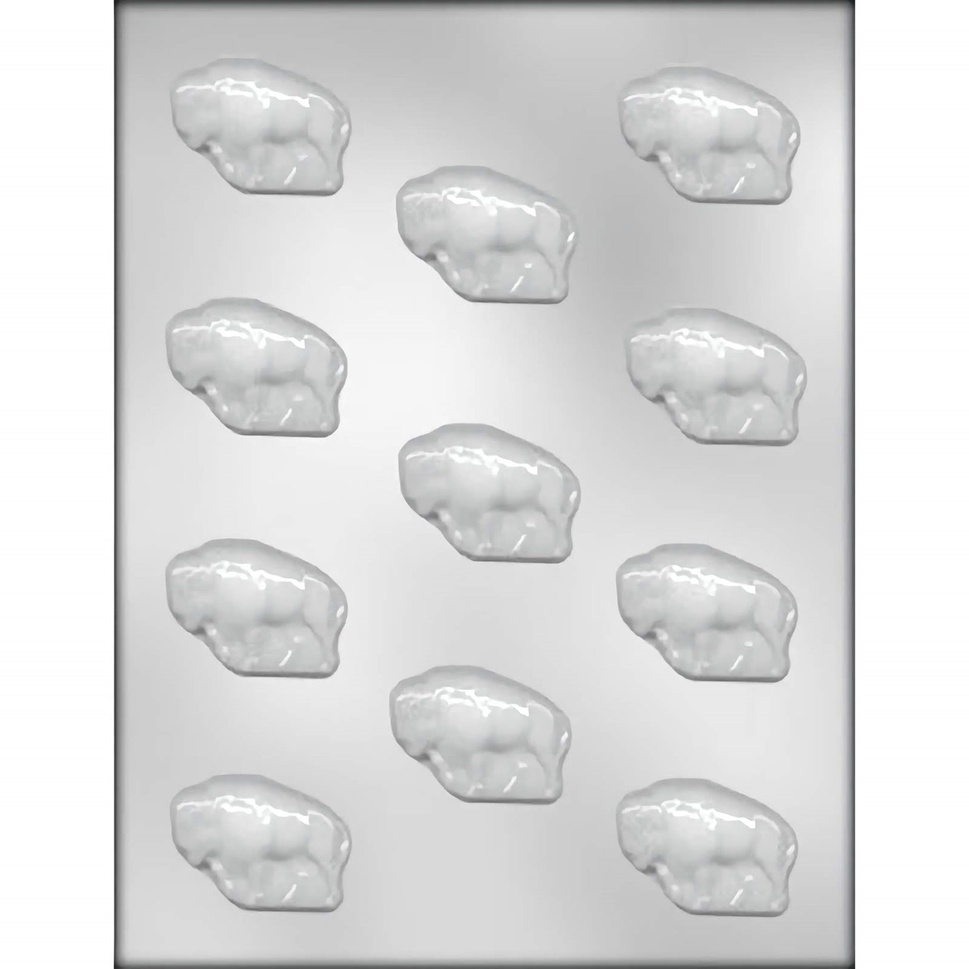 Clear chocolate mold with multiple buffalo shapes, 1.75 inches in size.