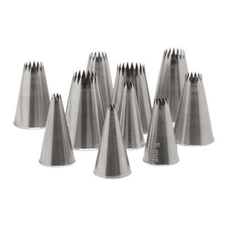 Set of 10 stainless steel French star piping tips, in various sizes for cake and pastry decorating.