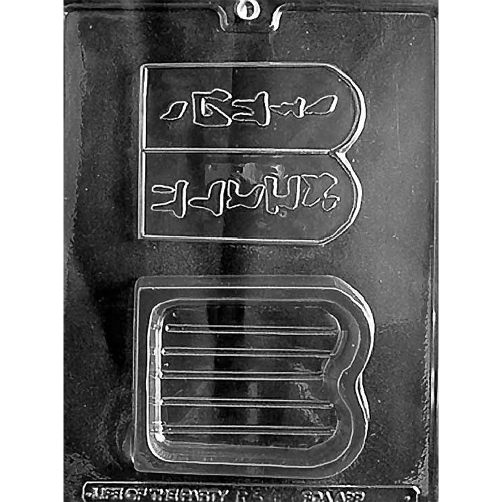 Clear chocolate mold with two Ten Commandments tablet-shaped cavities, including a deep box base and a matching rounded-top lid with “Ten Commandments” written in Hebrew.