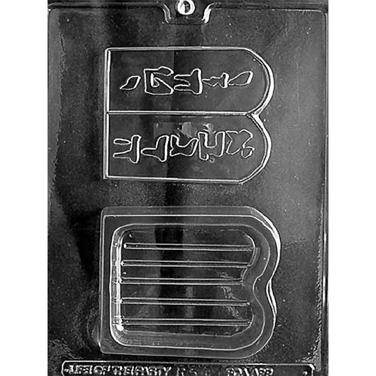 Clear chocolate mold with two Ten Commandments tablet-shaped cavities, including a deep box base and a matching rounded-top lid with “Ten Commandments” written in Hebrew.