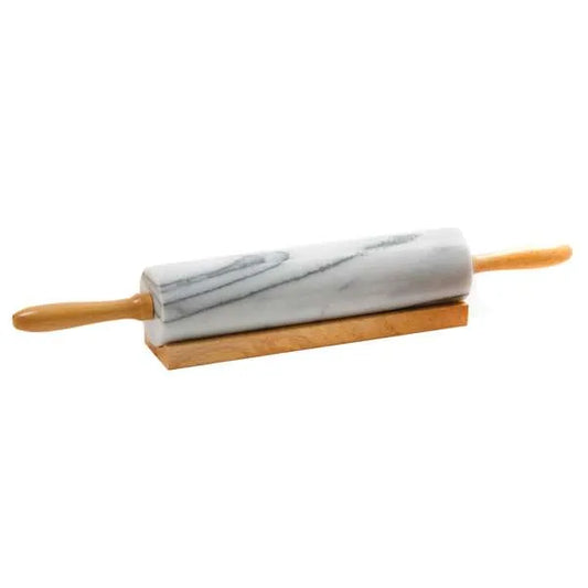 A marble rolling pin set on its wooden base. The marble provides a cool rolling surface that helps prevent sticking, while the wooden base offers convenient storage.