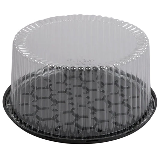 10-inch round cake container with a clear ribbed plastic dome and a black locking base, photographed on a white background.