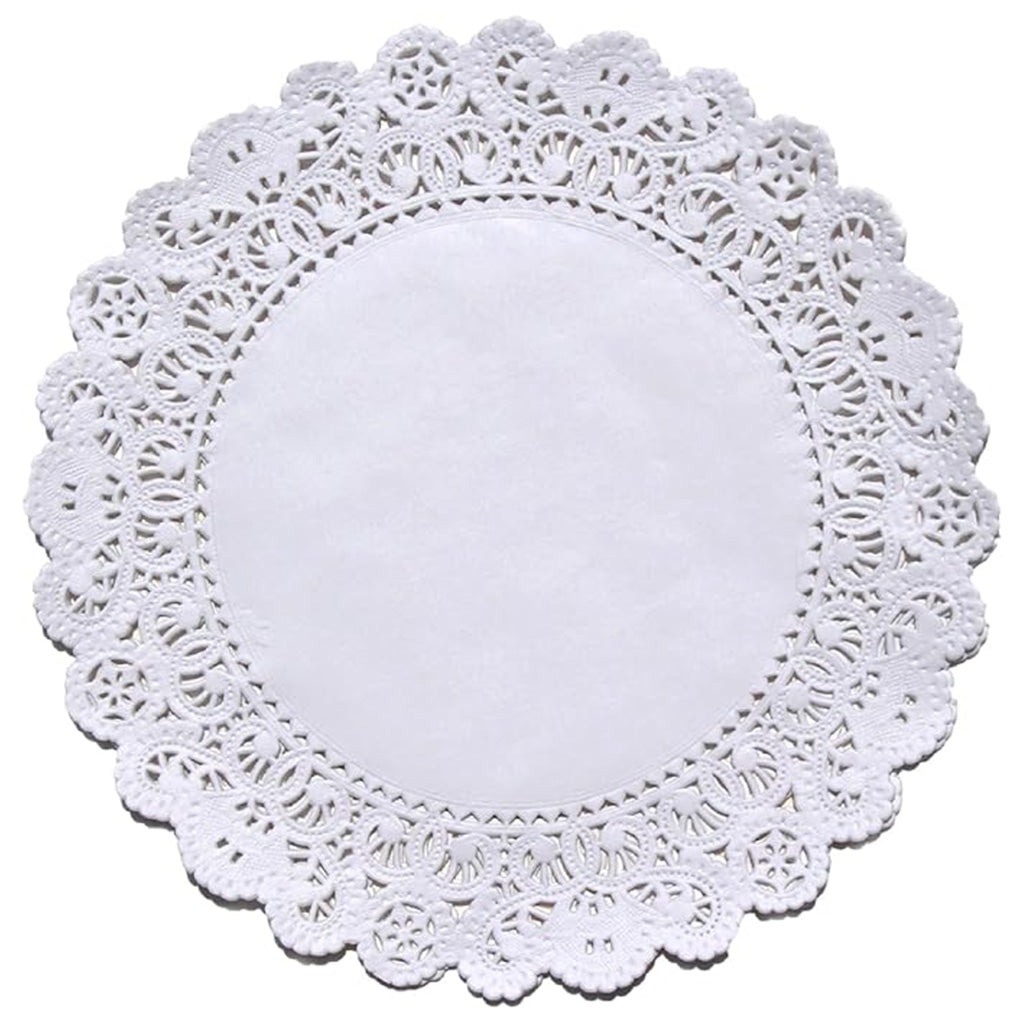 10 inch round white paper lace doily with scalloped edge and intricate cutout pattern, shown flat on a white background.