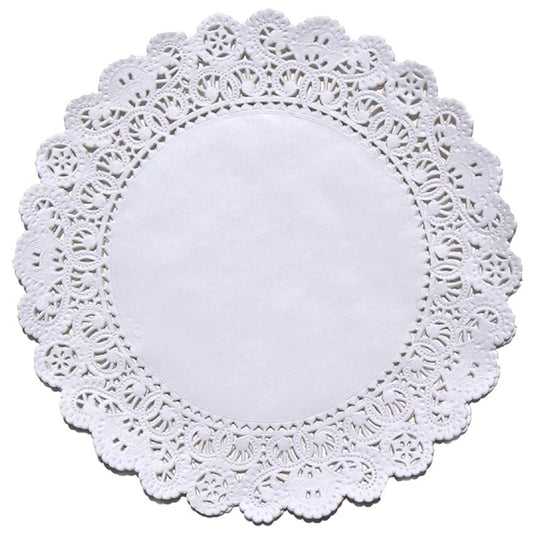10 inch round white paper lace doily with scalloped edge and intricate cutout pattern, shown flat on a white background.