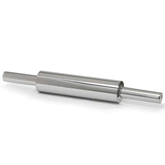 A sleek and modern stainless steel rolling pin, perfect for achieving a smooth and even dough surface. This pin features a cylindrical design with extended handles for easy rolling.