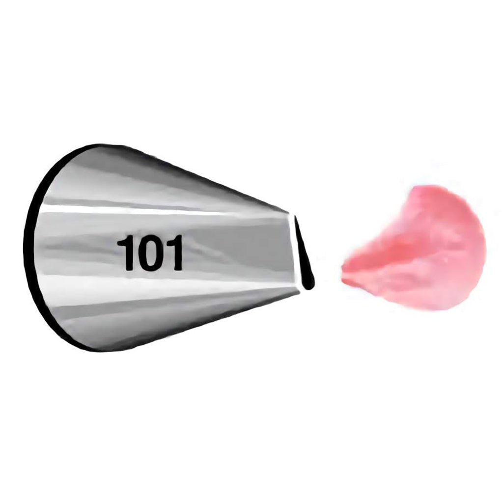 Close-up of piping tip number 101 with a petal-shaped opening, showing a pink petal icing.