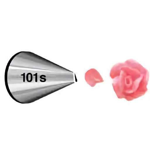 Close-up of piping tip number 101s with a slightly larger petal-shaped opening, showing a pink rose icing.