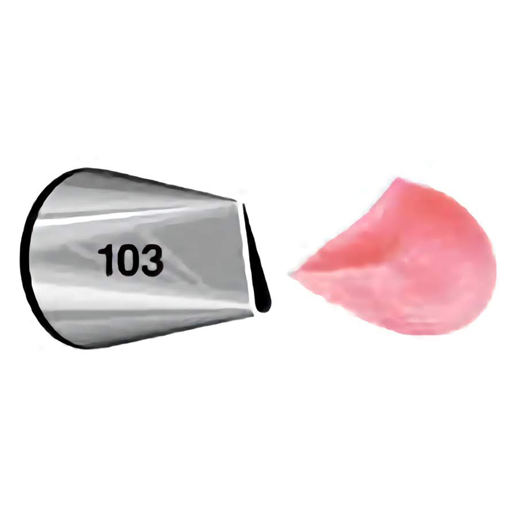 Close-up of piping tip number 103 with a petal-shaped opening, showing a pink petal icing.