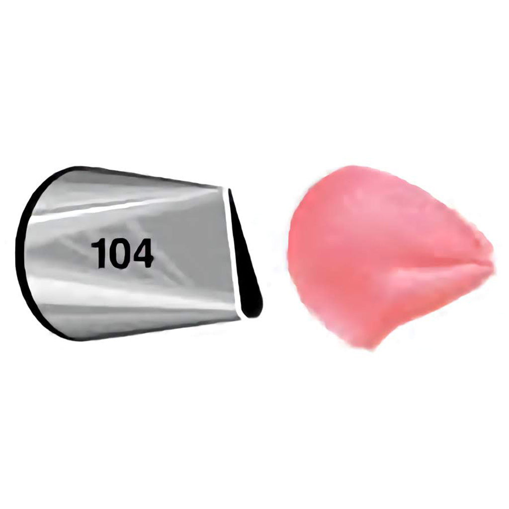 Close-up of piping tip number 104 with a petal-shaped opening, demonstrating a pink petal icing