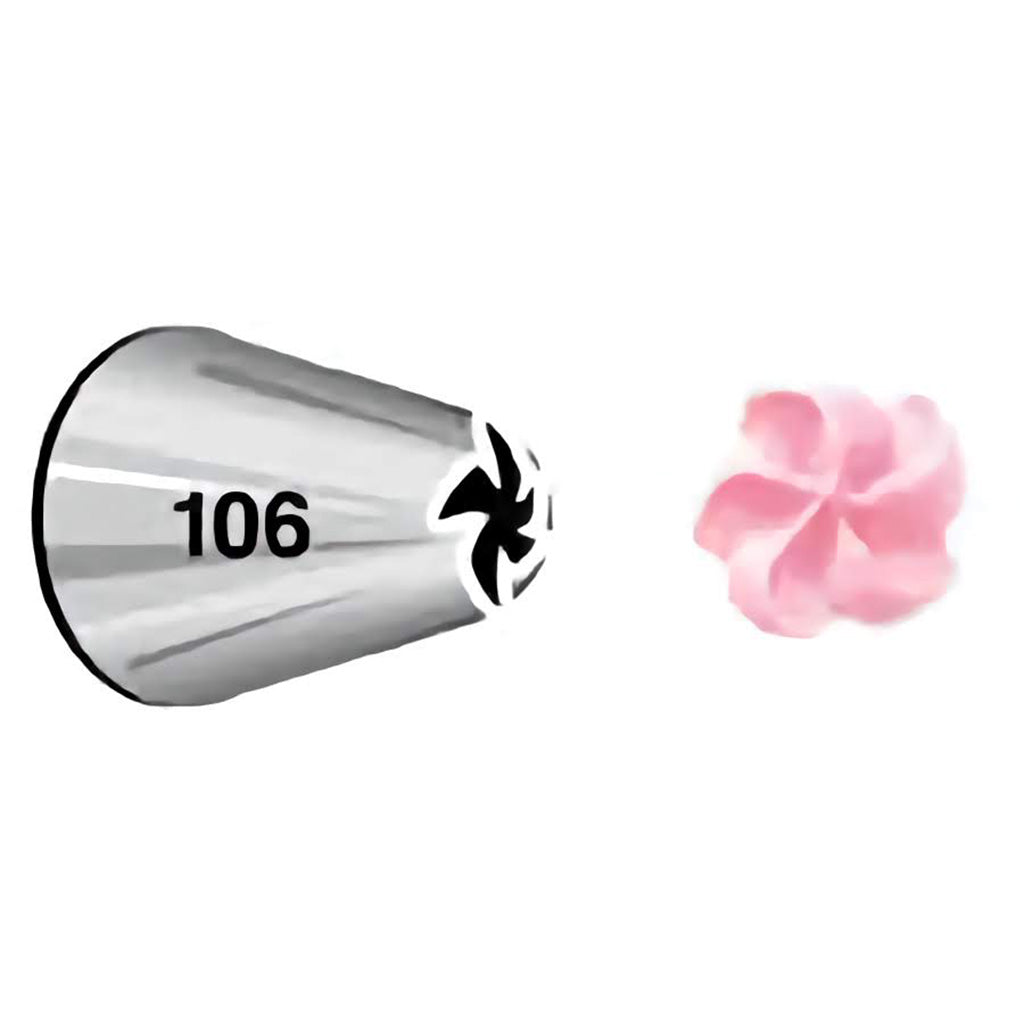 Close-up of piping tip number 106 with a pinwheel-like opening, showing a pink flower-shaped icing with six rounded petals.