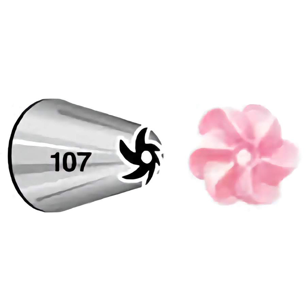 Close-up of piping tip number 107 with a curved star opening, demonstrating a pink flower-shaped icing with five curved petals.