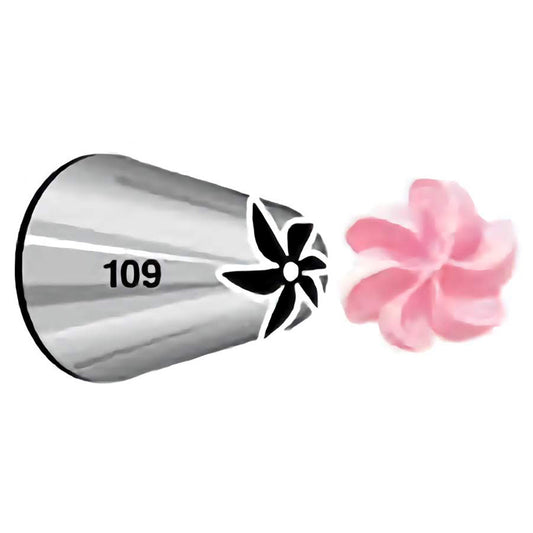 Close-up of piping tip number 109 with a six-point star opening, demonstrating a pink flower-shaped icing with a detailed center.
