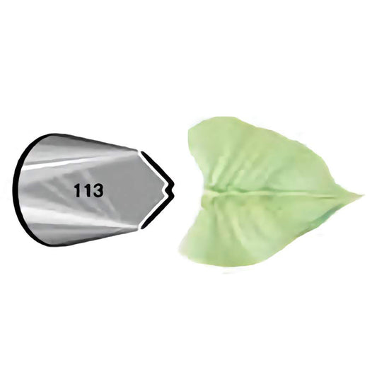 Close-up of piping tip number 113 with a jagged leaf opening, demonstrating a green leaf-shaped icing with serrated edges.