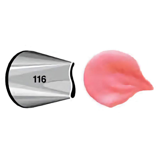 Close-up of piping tip number 116 with a curved petal opening, demonstrating a pink petal-shaped icing with smooth edges.