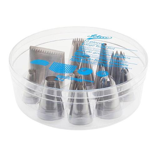 Clear plastic storage box containing the 12-piece Ateco pastry tube set.